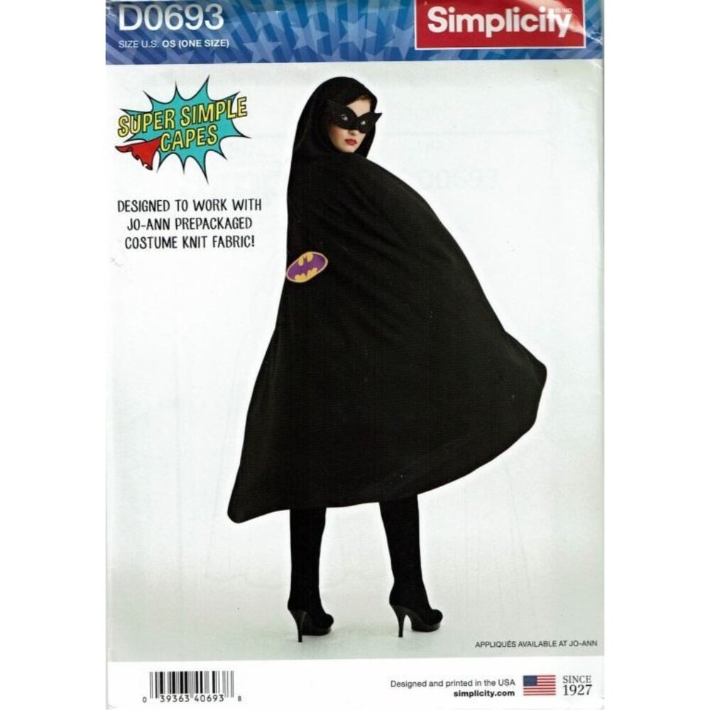 Simplicity‎ Sewing Pattern D0693 Batman Cape Costume Adult Teen Unisex One Size